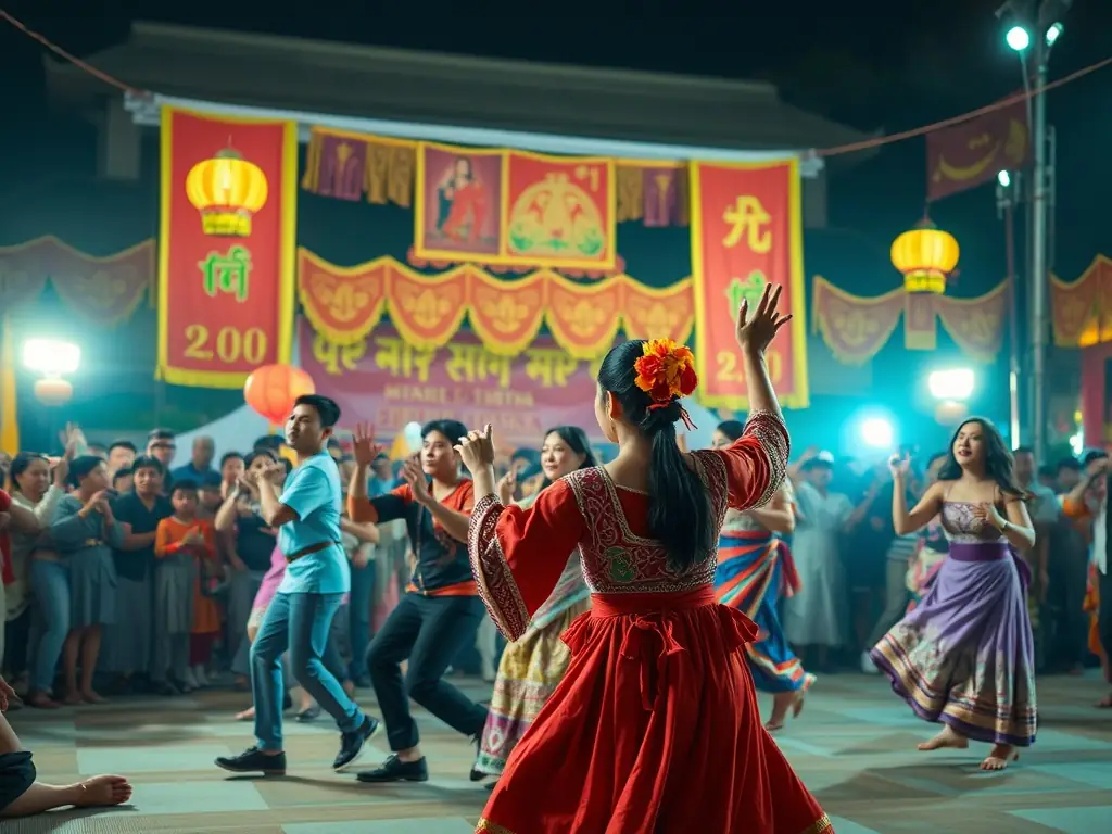 A vibrant scene from a cultural festival in La Villeneuve, featuring traditional music, dance, and local cuisine. The image should capture the lively atmosphere and community spirit of the event.