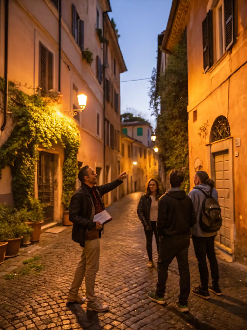 A photograph of a guided tour through La Villeneuve, with a focus on the historical explanations provided by a knowledgeable guide.
