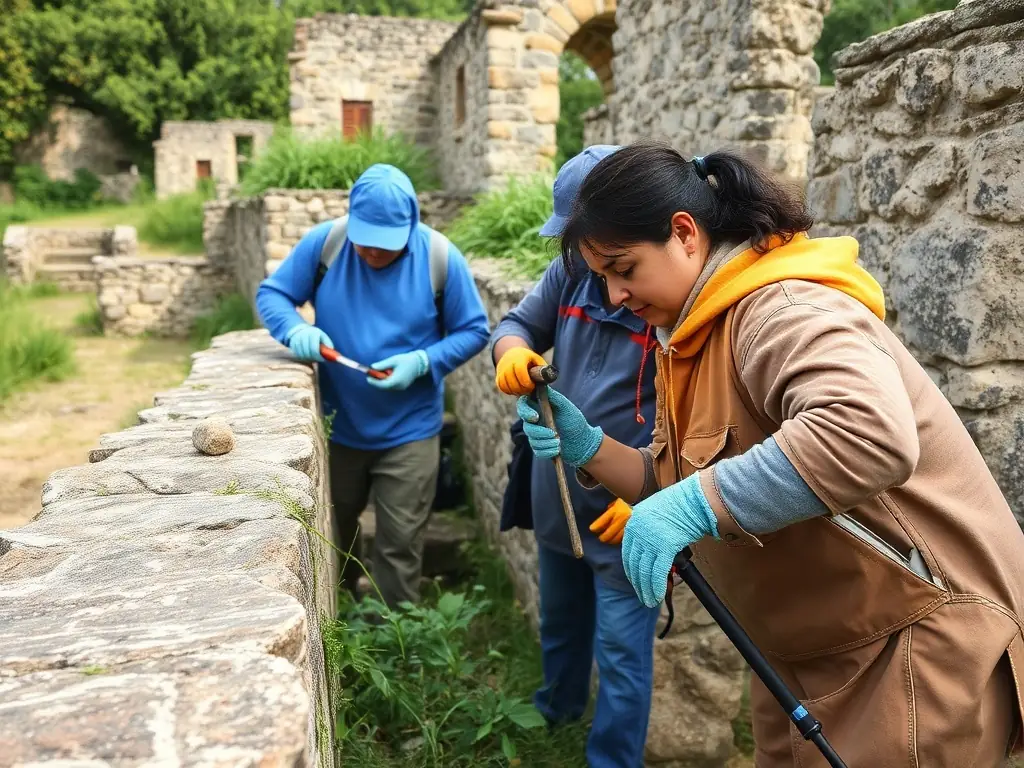 A group of volunteers are restoring an old stone wall, carefully placing each stone to preserve the historical integrity of the structure. The image should convey a sense of community and dedication to preserving the past.