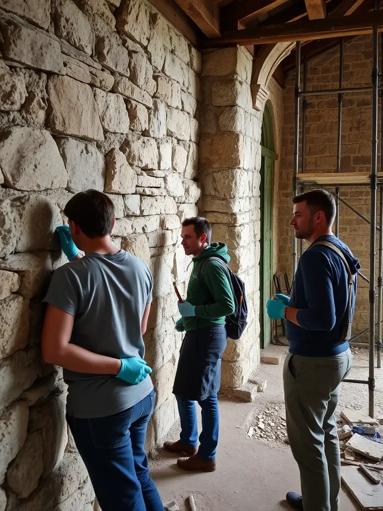 A photograph depicting volunteers restoring a stone wall of an old building in La Villeneuve, showcasing the association's hands-on restoration efforts.