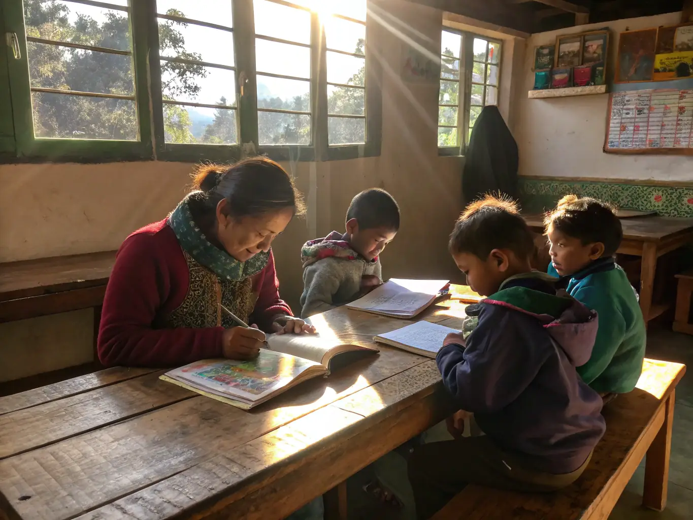 A photograph of children participating in a heritage workshop, learning traditional crafts and stories from older members of the community. The image should highlight the intergenerational aspect of the program.