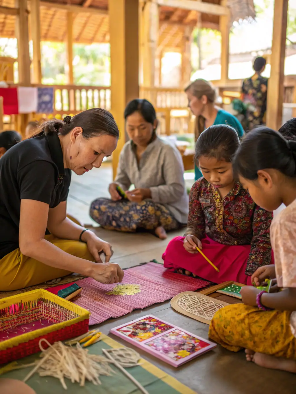 A photograph capturing an intergenerational workshop where elders are teaching traditional crafts to young people in La Villeneuve.