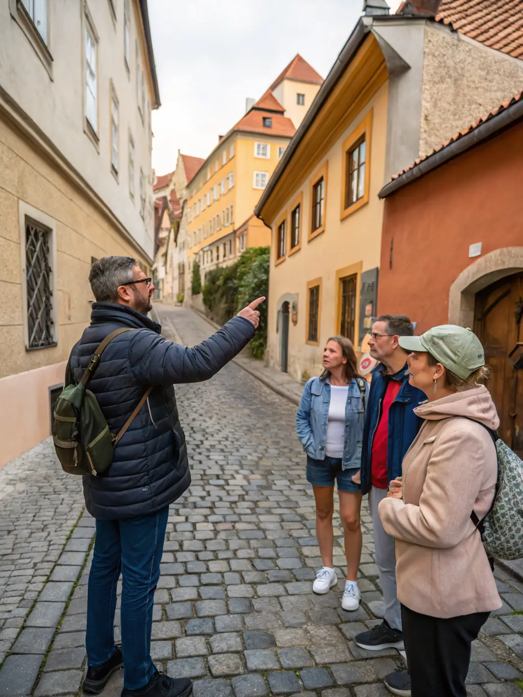 A picture of a guided tour through La Villeneuve, with a knowledgeable guide explaining the historical significance of various sites.